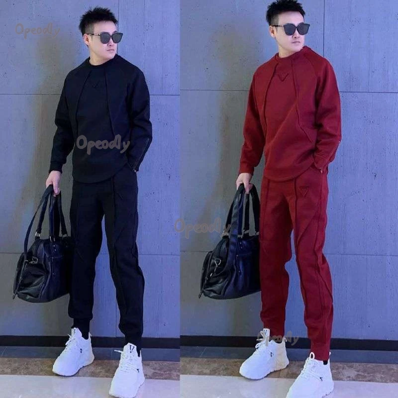 男士春季2025新款简约纯色圆领长袖卫衣搭配束脚卫裤休闲两件套时