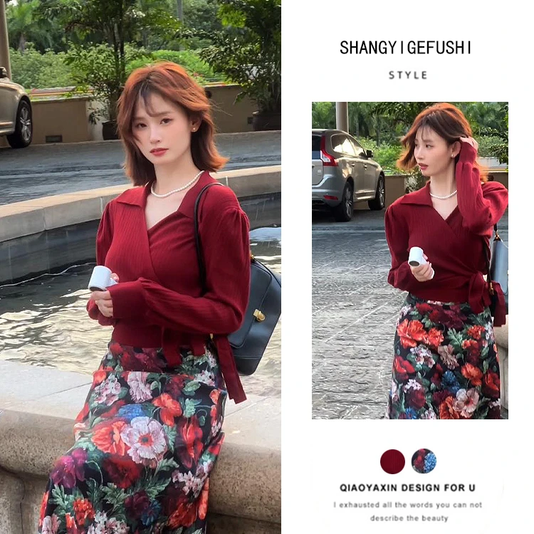 复古港风气质酒红色绑带针织衫女秋冬新款高级感显瘦半身裙两件套