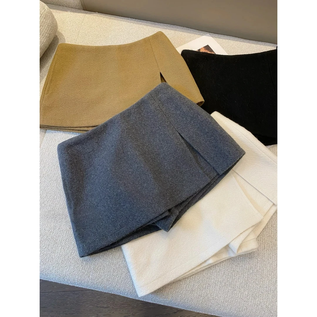 时尚设计感双层开叉毛呢短裙冬季新款小个子防走光A字半身裙