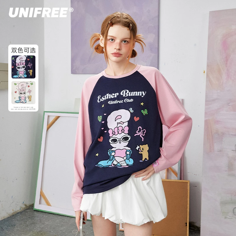 unifree【25年春】【联名】复古长袖T恤插肩袖撞色宽松上衣