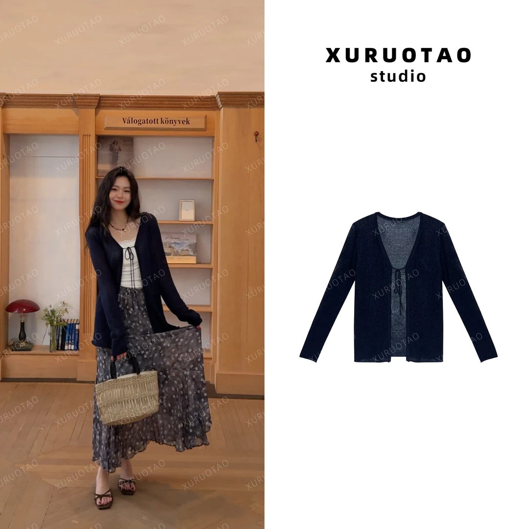 XURUOTAO 【瘦瘦衫】 进口和纸纱设计藏蓝色开衫针织上衣 T5210