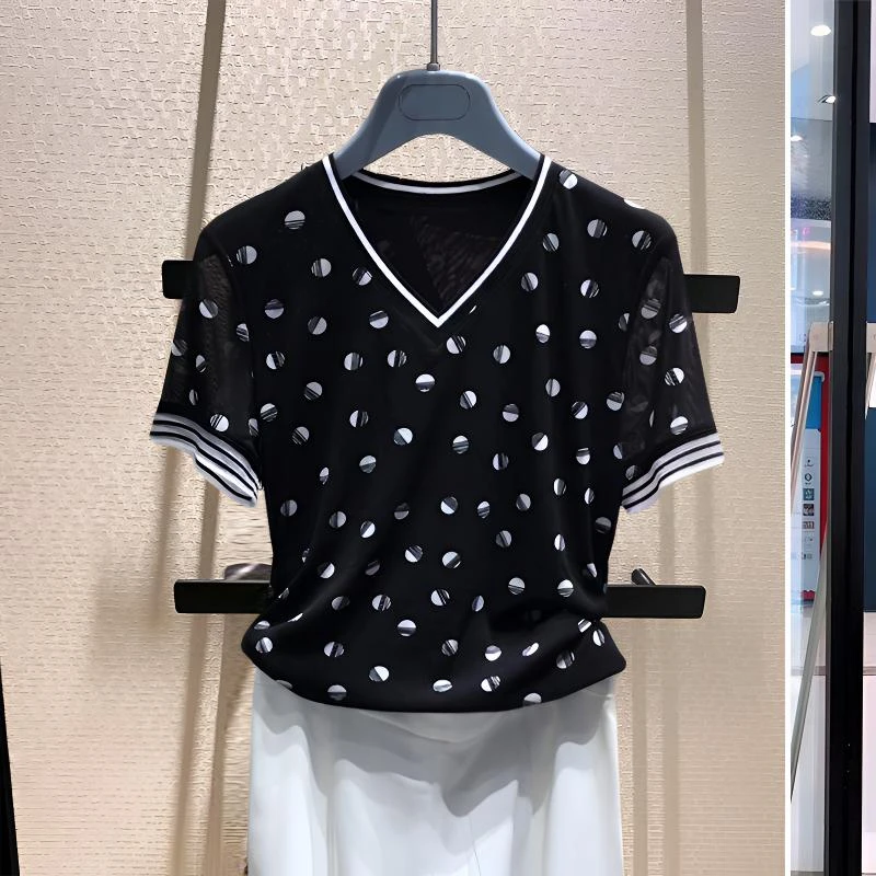 【商场同款】2025新款女装修身显瘦波点网纱V领短袖T恤3900022