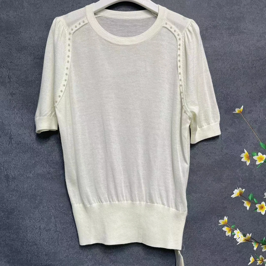 Y04008【品牌撤柜】时尚白色圆领珠子装饰纯色短袖40#