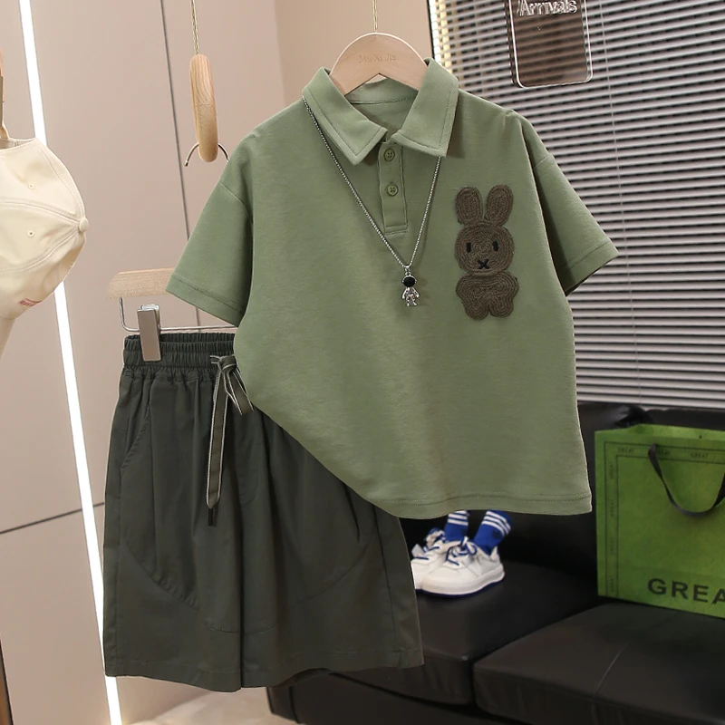 男童夏装套装2025新款polo领中大儿童短袖T恤男孩夏季短裤两件套
