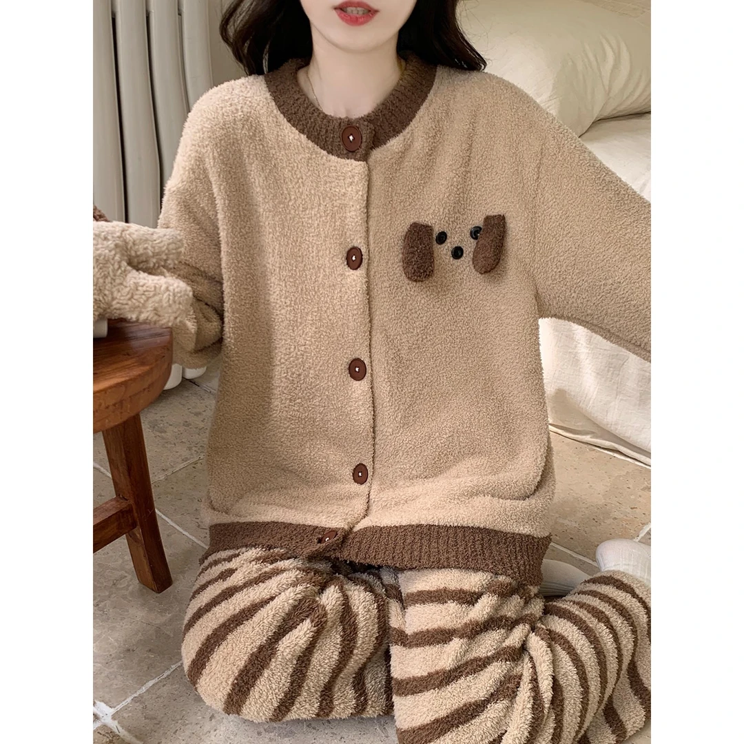 秋冬季天可爱小狗半边绒睡衣女珊瑚女大学生冬女秋冬加厚睡衣棉服