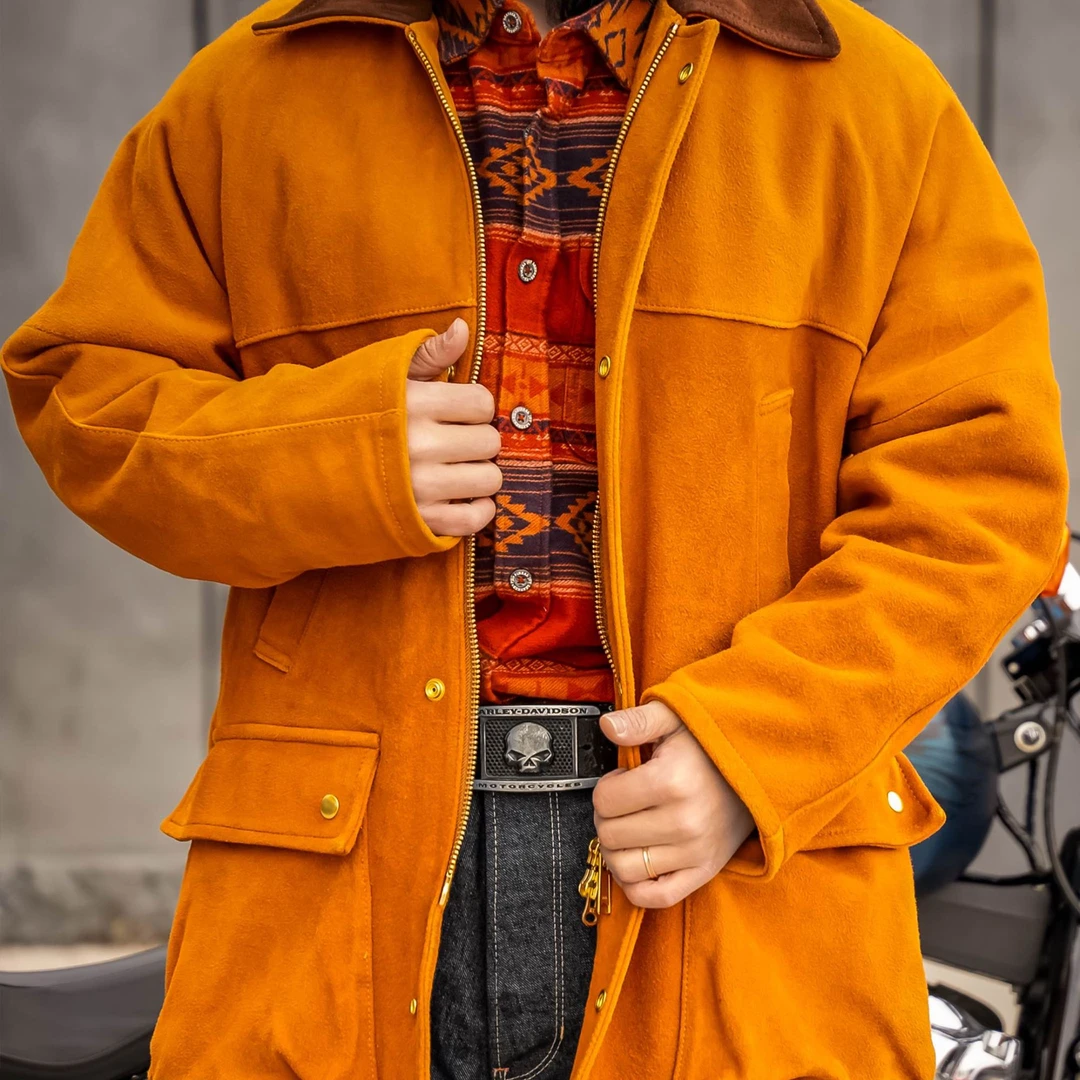 Sunny阳光皮衣【巴博风衣】山羊皮反绒中长款加棉扩版经典咔叽皮衣