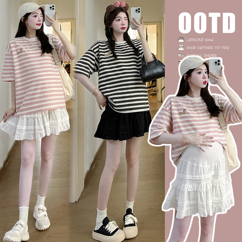 2025夏装新款时尚洋气条纹短袖T恤孕妇上衣