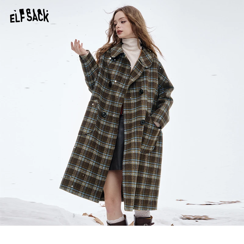 妖精的口袋格纹撞色娃娃领长款毛呢外套女2025冬季新款甜美呢大衣