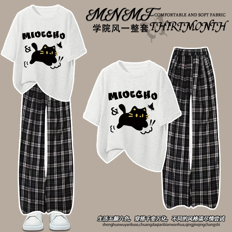 男女童夏季套装卡通猫咪印花扎染短袖T恤格子裤中大童百搭两件套
