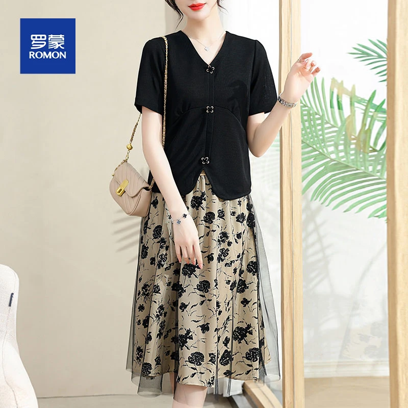 妈妈夏装连衣裙套装2025新款中老年女装短袖t恤上衣半身裙两件套