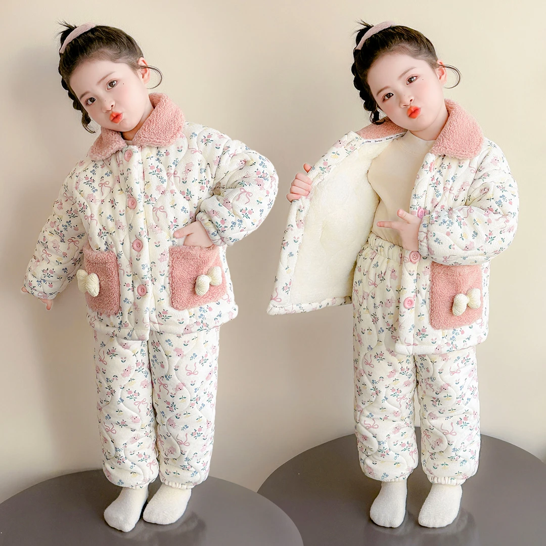 女童家居服套装居家冬季女孩公主碎花睡衣洋气夹棉保暖儿童女宝宝