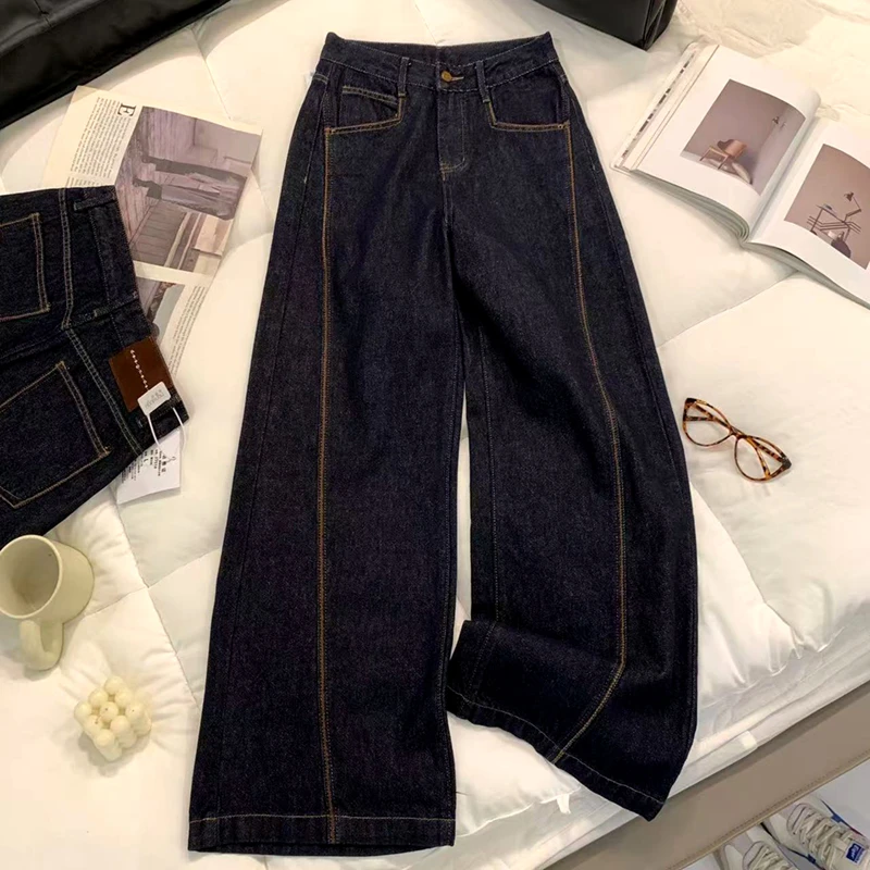 Q60阔腿弯刀裤女大码明线设计感春季胖mm高腰黑金拖地丹宁牛仔裤