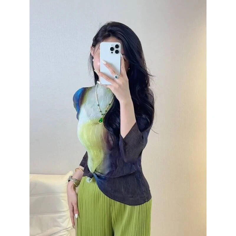 【褶二喜定制】三宅风褶皱新款渐变长袖柳条上衣打底衫半高领显瘦