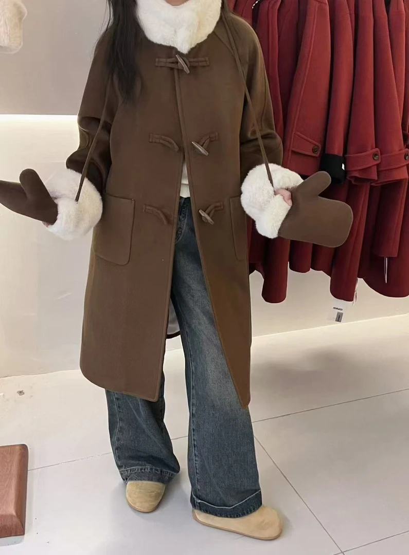 冬季牛角扣中长款毛呢大衣女加绒加厚时尚气质保暖外套
