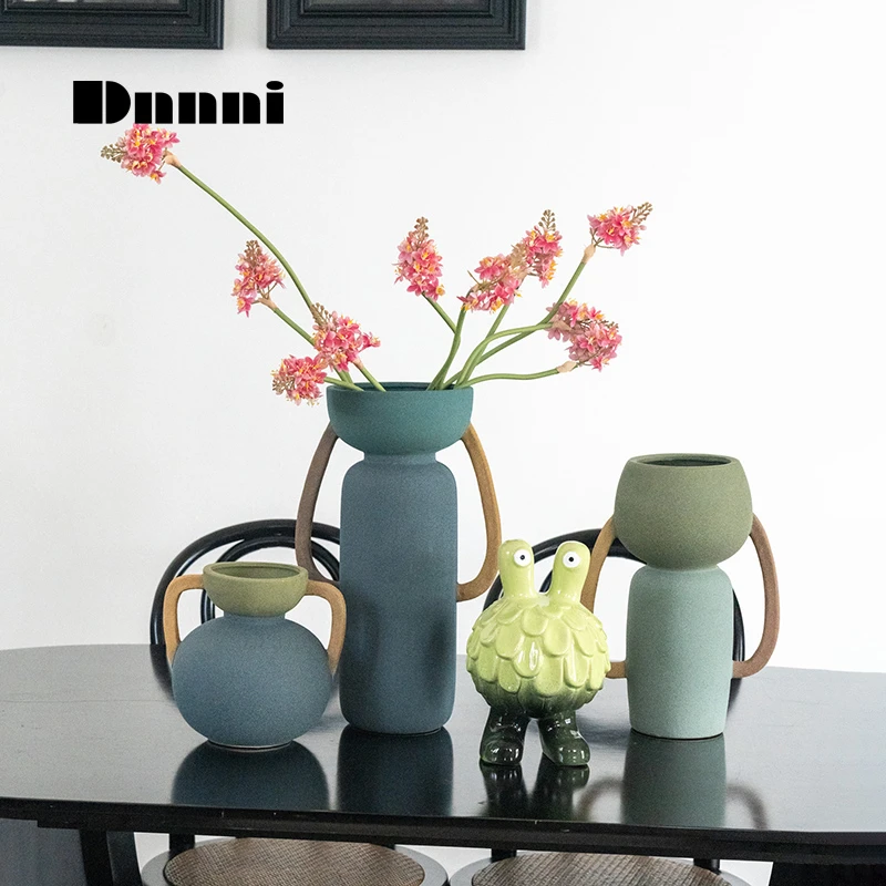 Dnnni中古风绿色花器摆件陶瓷客厅餐桌装饰电视柜售楼处艺术花瓶