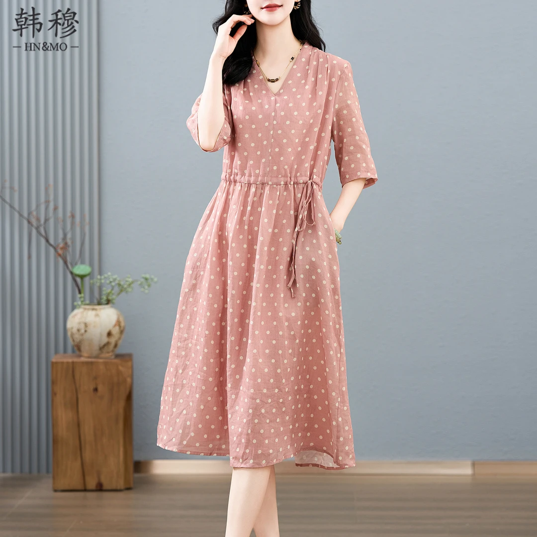 韩穆时尚品牌圆点连衣裙女2025夏季新款高档透气苎麻宽松大码裙子