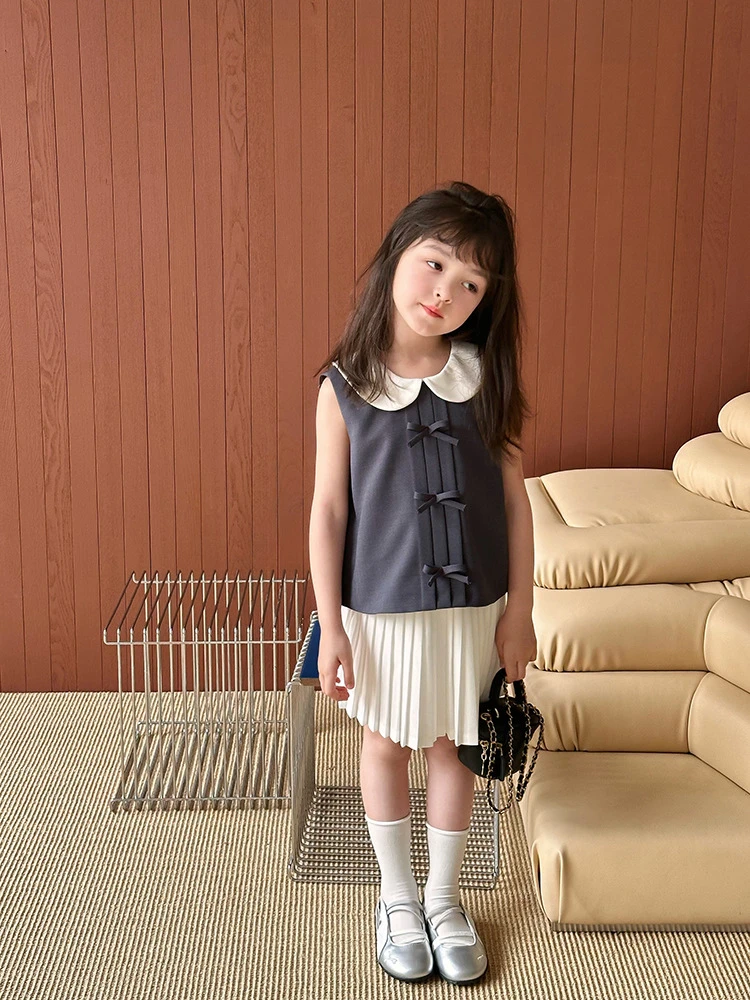 【依妈童品】女童夏季韩版学院风蝴蝶结可爱娃娃领无袖上衣25E048