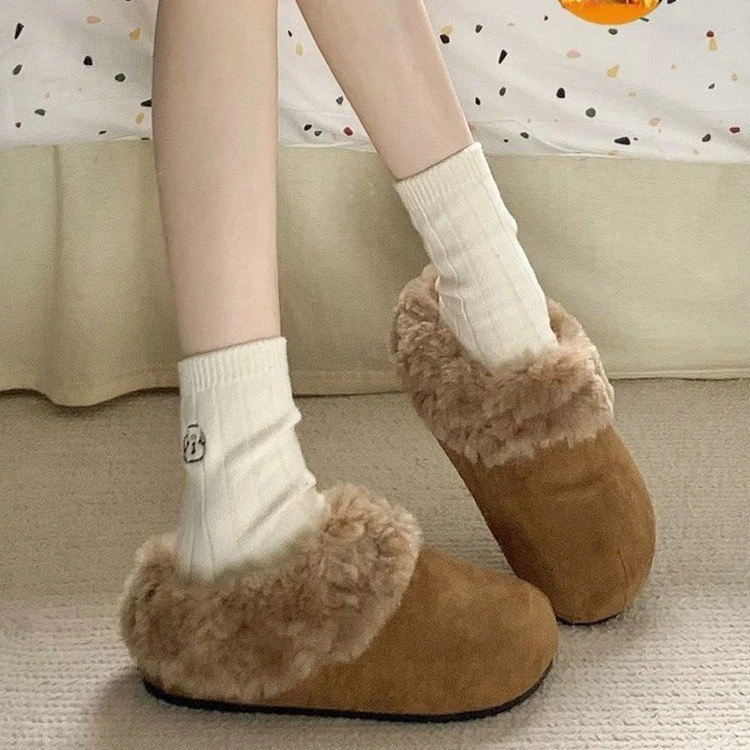 加绒两穿棉鞋勃肯鞋女2024秋冬新款复古平底懒人保暖一脚蹬毛毛鞋