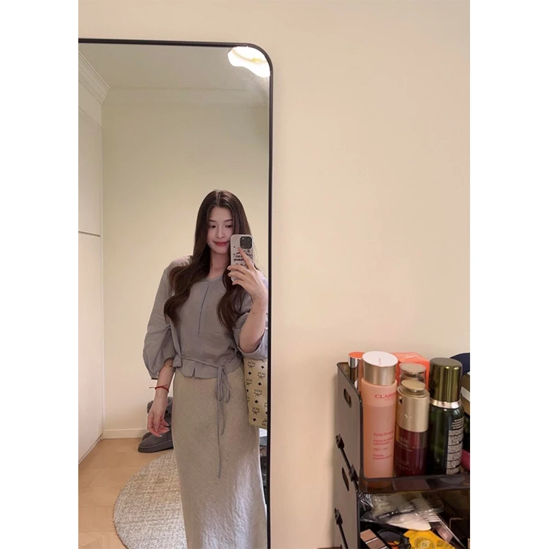 松弛简约清爽V领小衫上衣中长款针织过膝鱼尾裙长裙包臀裙半身裙