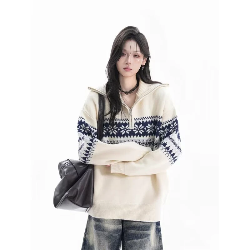 费尔岛提花米色针织衫男女冬美式半拉链高领毛衣慵懒感宽松情侣