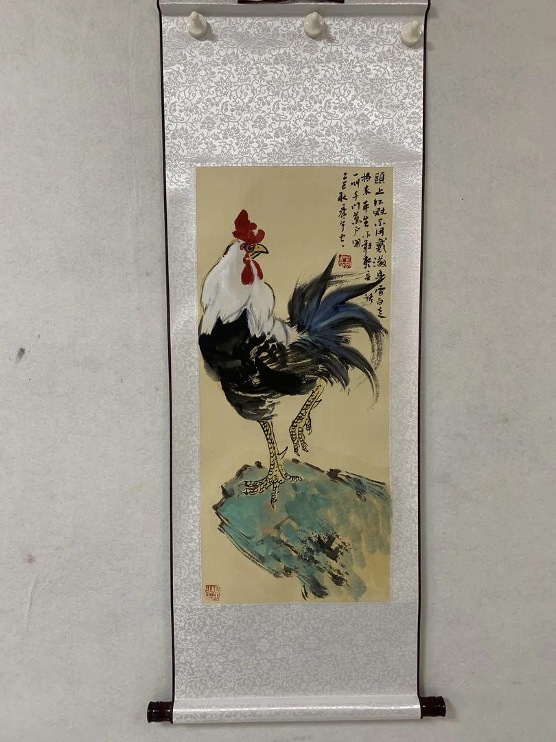 1.1米手绘鸡鸣富贵公鸡图国画卷轴画客厅新中式挂画