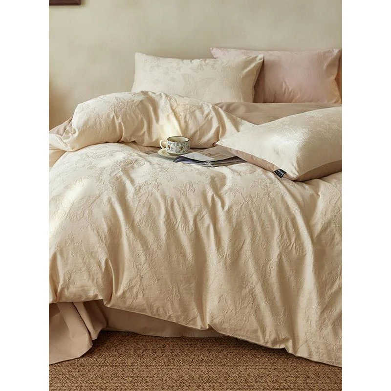 高端轻奢风秋冬纯棉磨毛四件套蝴蝶提花立体浮雕亲肤床单床上用品