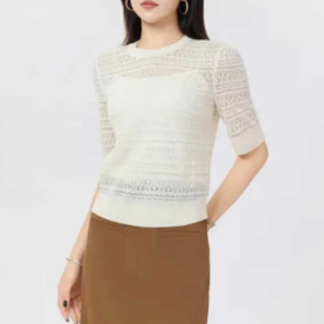 夏季百搭时尚简约高级提花圆领针织镂空T恤138020