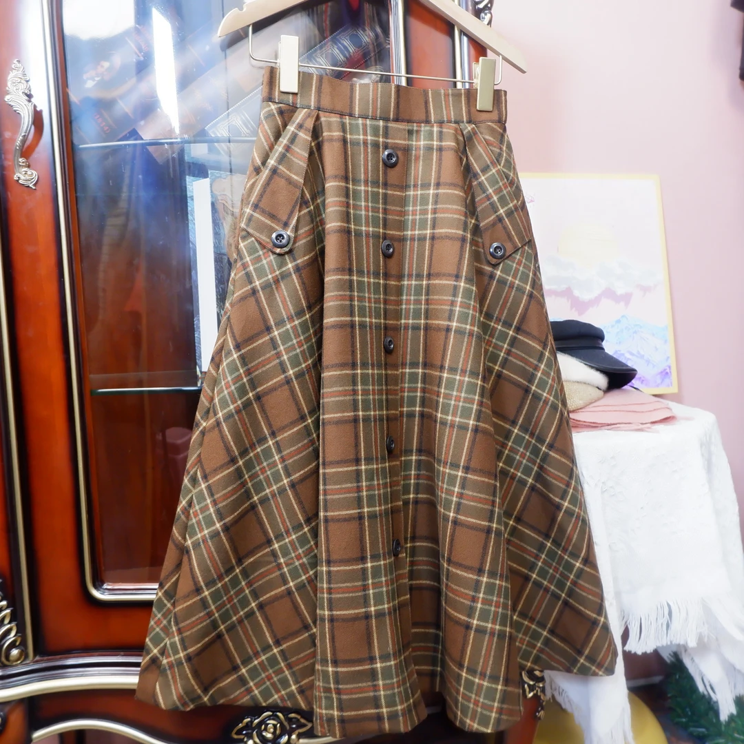 vintage囍欢古着毛呢格子高腰半身裙女复古气质显瘦百搭大摆长裙