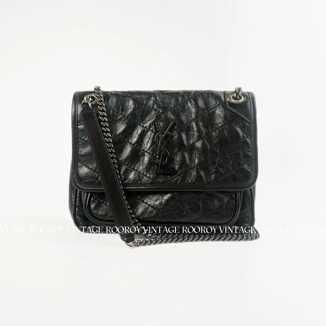 95新 YSL/圣罗兰 Niki D扣 小号 黑色 银扣 油蜡皮