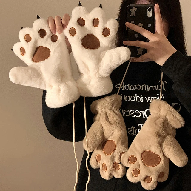 可爱小熊掌毛绒五指手套女冬季保暖挂颈加绒加厚熊爪防寒骑行骑车
