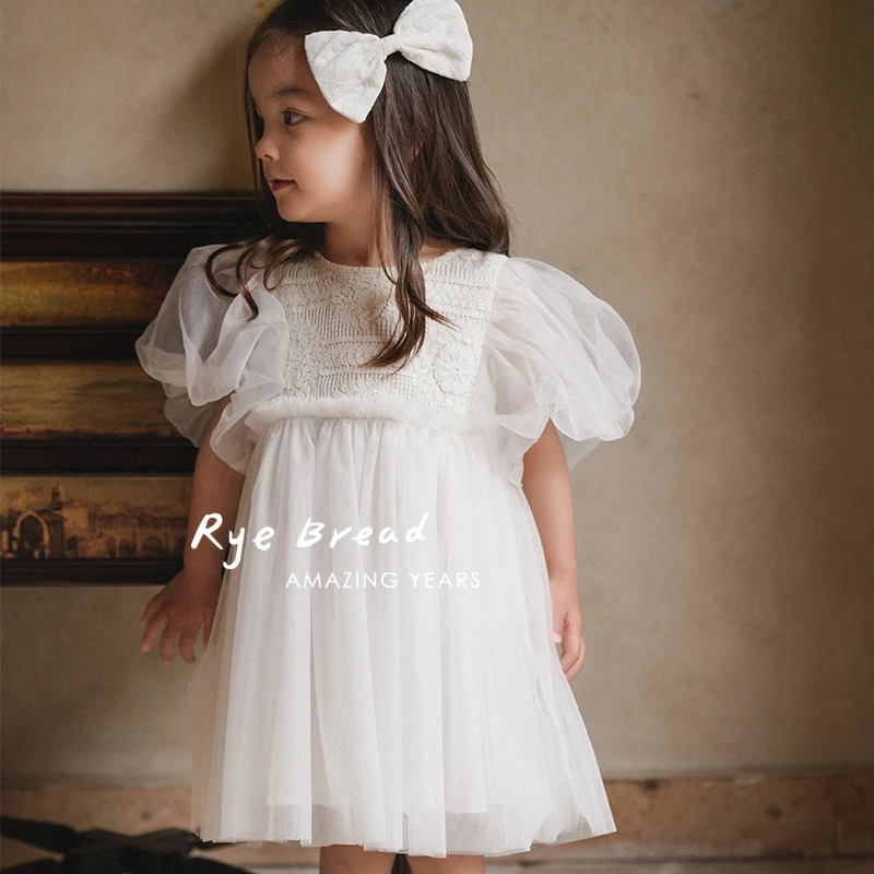 黑面包童装 北欧重工蕾丝女童泡泡袖公主裙生日软纱纱裙4夏季