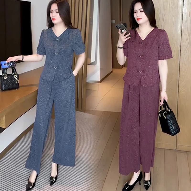 时尚显瘦套装女2025夏季新款洋气减龄盘扣短袖高腰阔腿裤两件套