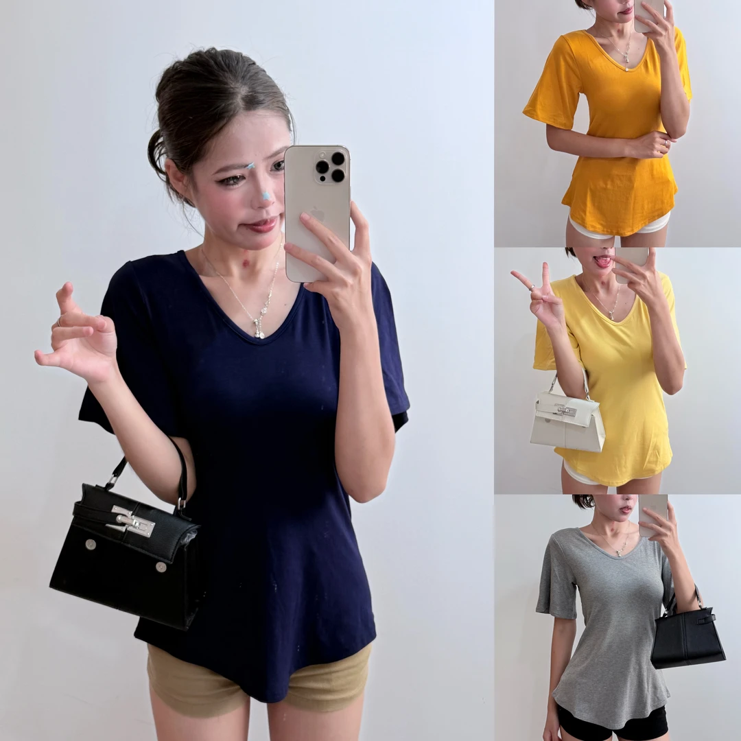 2025夏季气质设计感韩版纯色简约款修身显瘦百搭正肩短袖T恤女.