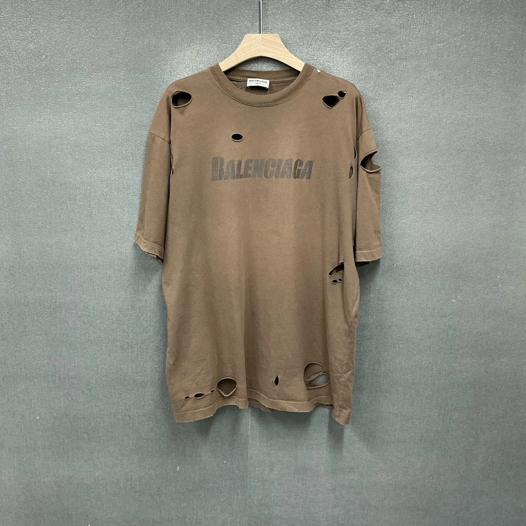 99新 Balenciaga/巴黎世家 裂纹印花虫洞短袖T恤S码/6809