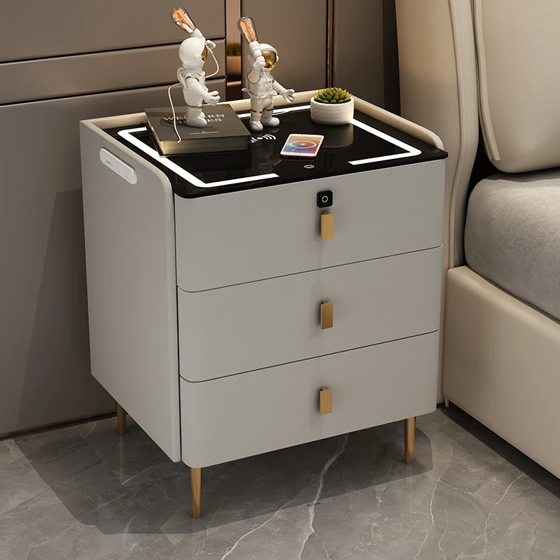 意式床头柜卧室智能无线充多功能实木床头边柜现代简约收纳置物架