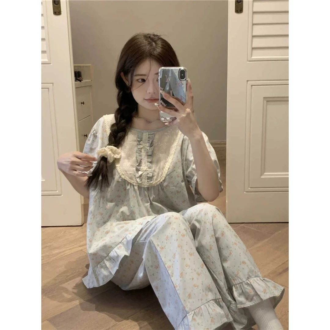 韩版碎花睡衣女款夏季甜美宫廷风蕾丝花边圆领短袖长裤家居服套装