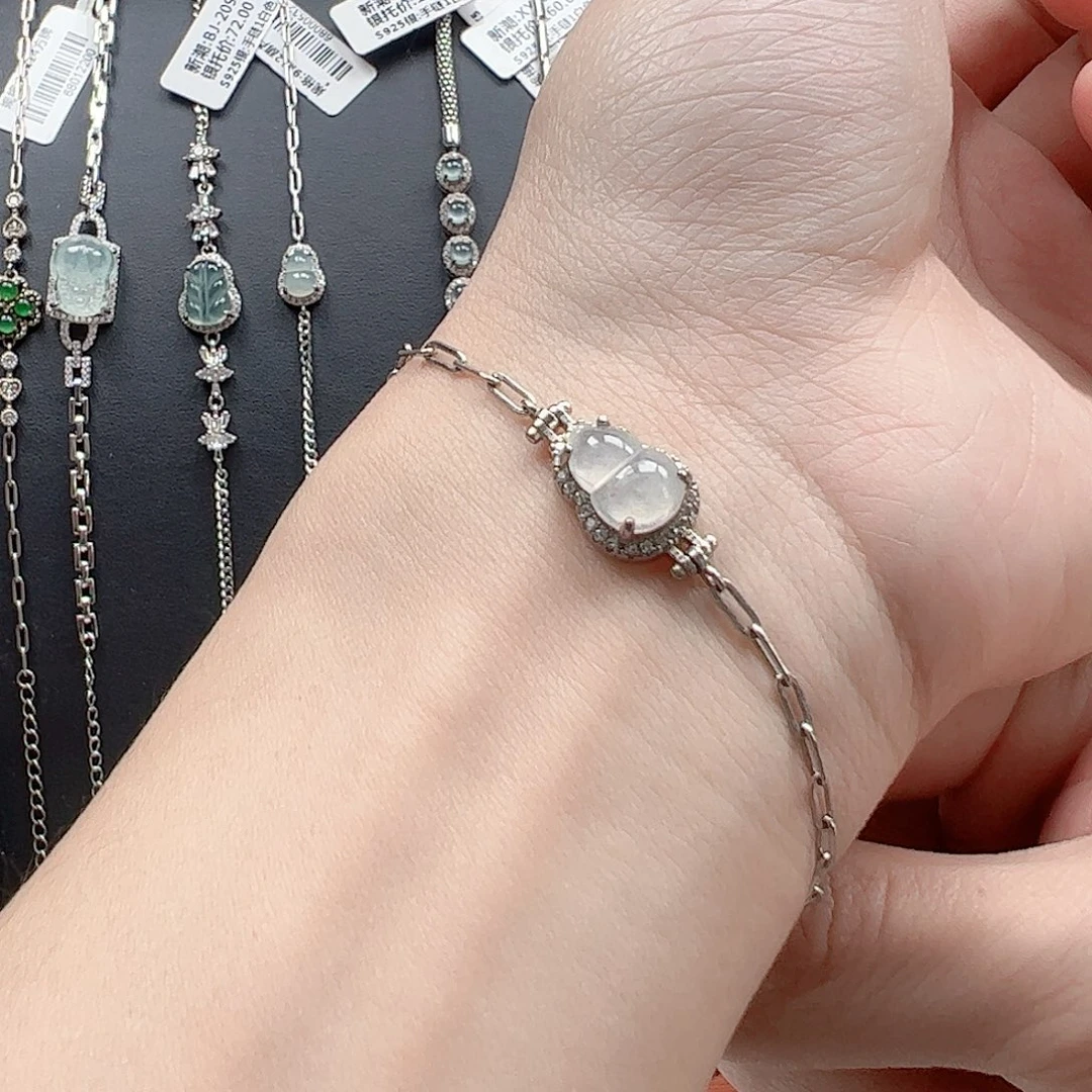 翡翠手链银S925镶嵌花*天然翡翠A货