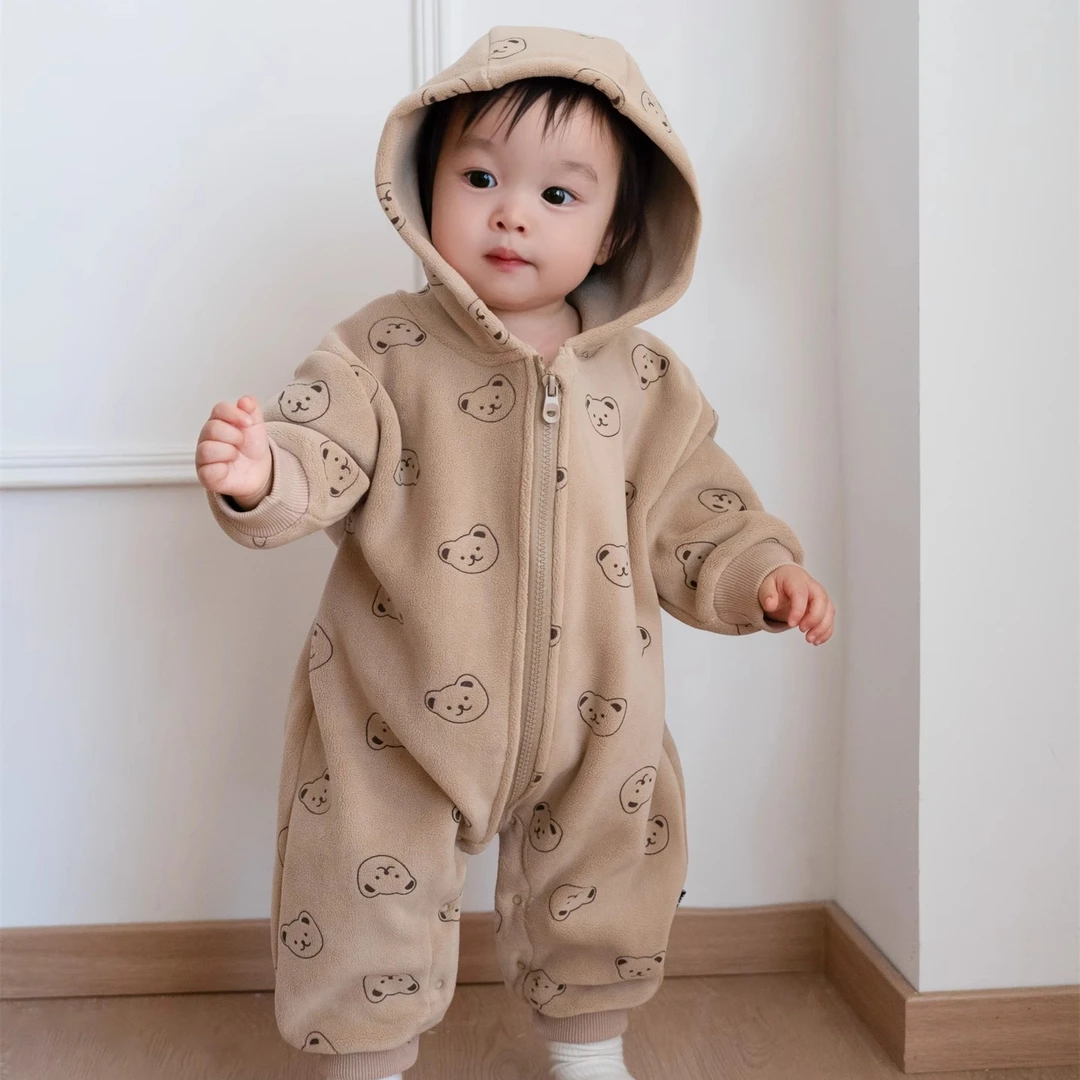 冬装婴儿外套毛绒连帽外出服秋冬宝宝拉链加绒保暖连体衣可爱爬服