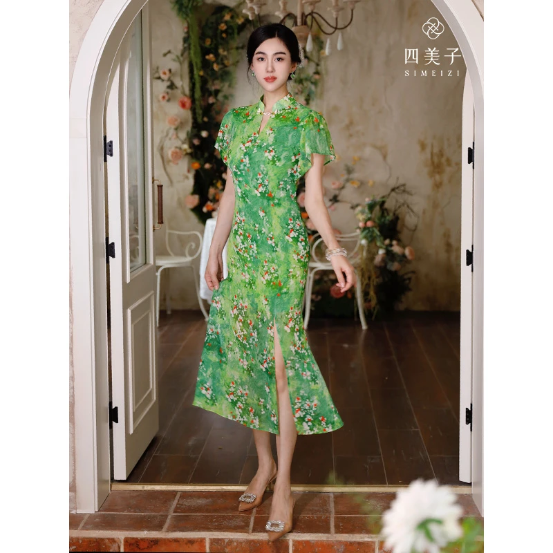 四美子【春色满园】新款新中式气质优雅印花开叉鱼尾旗袍裙连衣裙