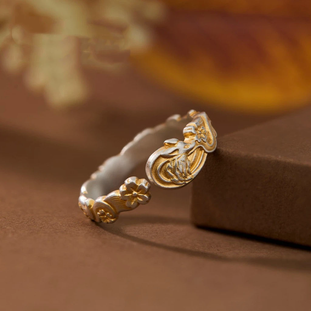 足银戒指 9999纯银【美人桃花狐狸戒指】古风描金手工浮雕开口指环