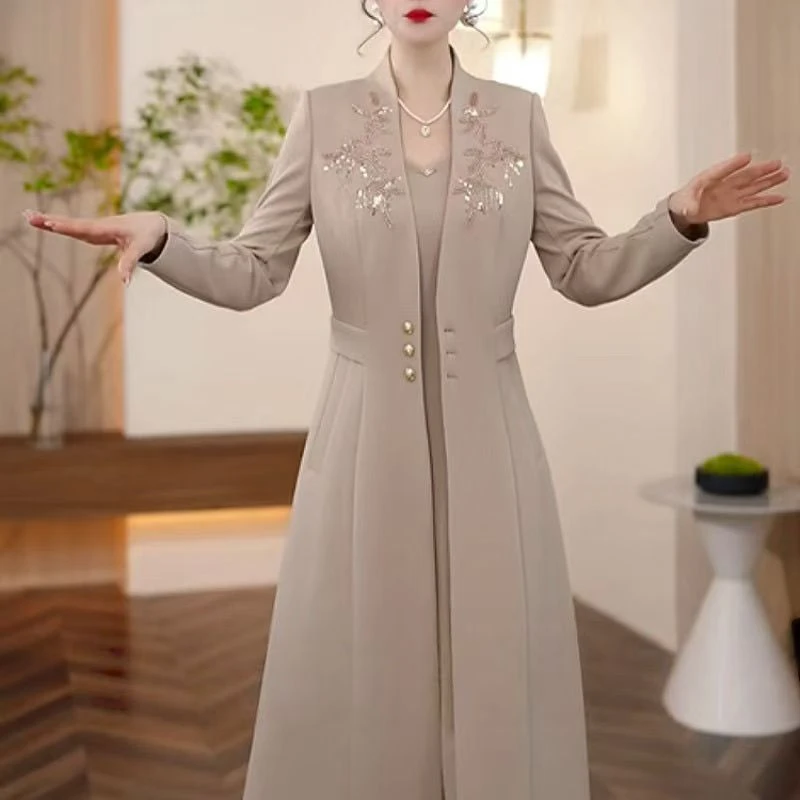 高端时尚风衣连衣裙女两件套2025春秋新款洋气妈妈装大衣套装裙子