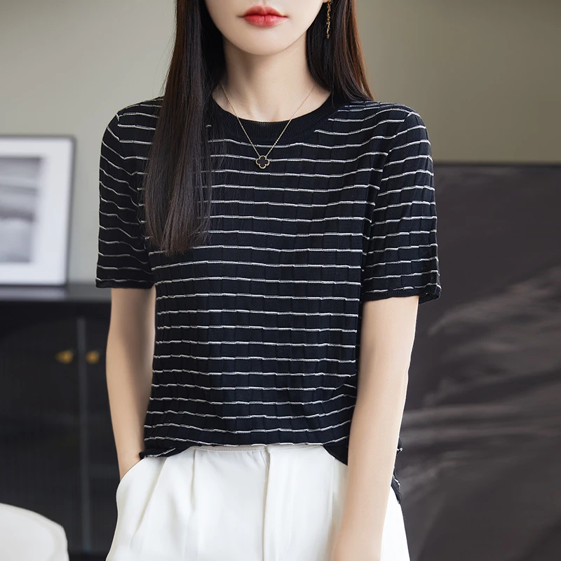 羊范莱赛尔圆领肌理感短袖T恤女撞色条纹夏季新款半袖正肩打底薄