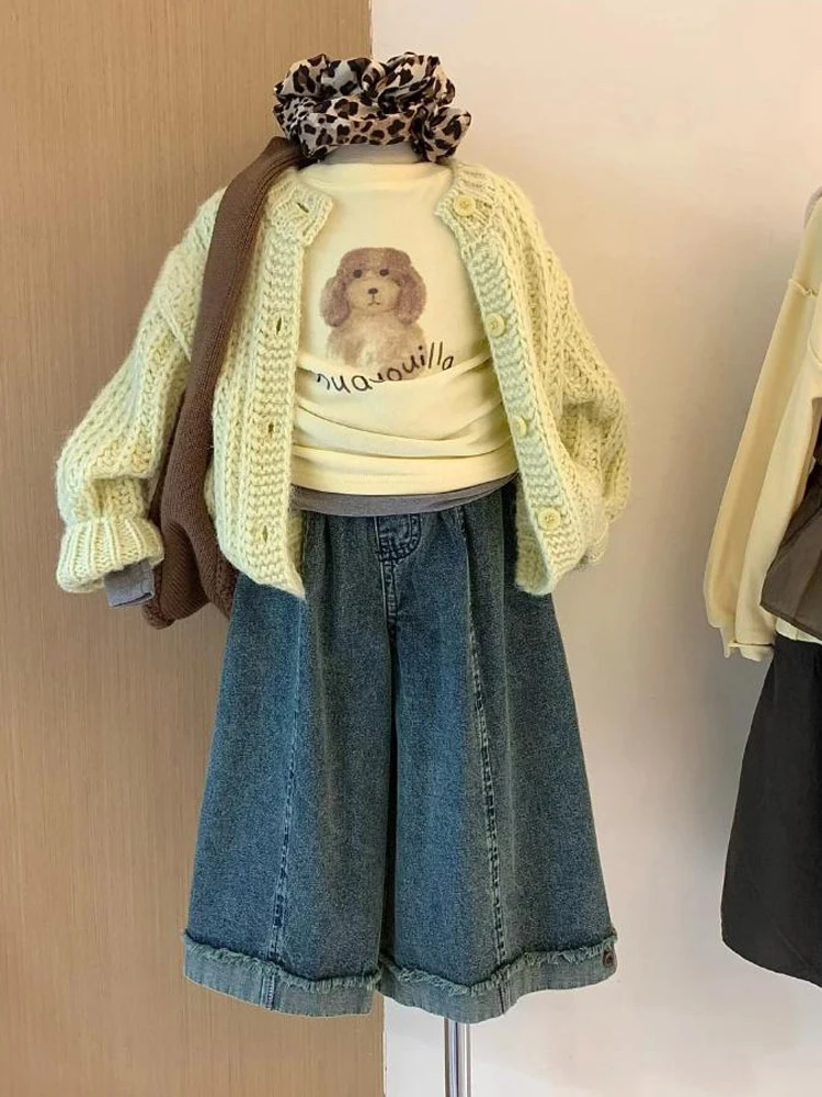 女童套装春秋款2025新款儿童小狗长袖上衣洋气女孩毛衣阔腿牛仔裤