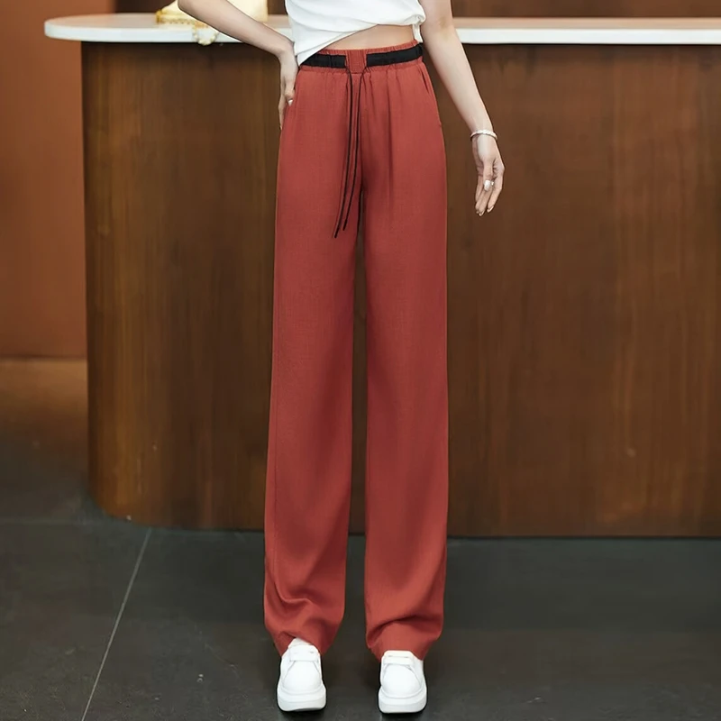 冰丝麻阔腿裤女夏2025新款松紧腰百搭薄款垂感运动休闲直筒凉凉裤