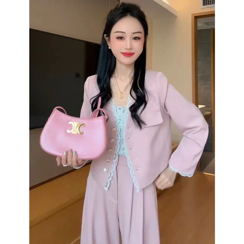 欧货时尚套装女拼接花边长袖短款外套欧货两件小众炸街高级感女装