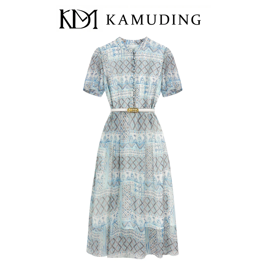 KAMUDING2025新款高端设计感浅蓝色格子印花显瘦连衣裙8766