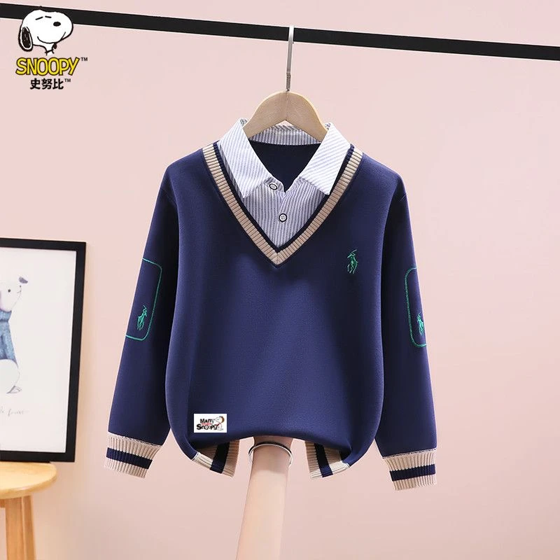 史努比男童假两件卫衣2025秋冬新款洋气中大童休闲百搭长袖打底衫