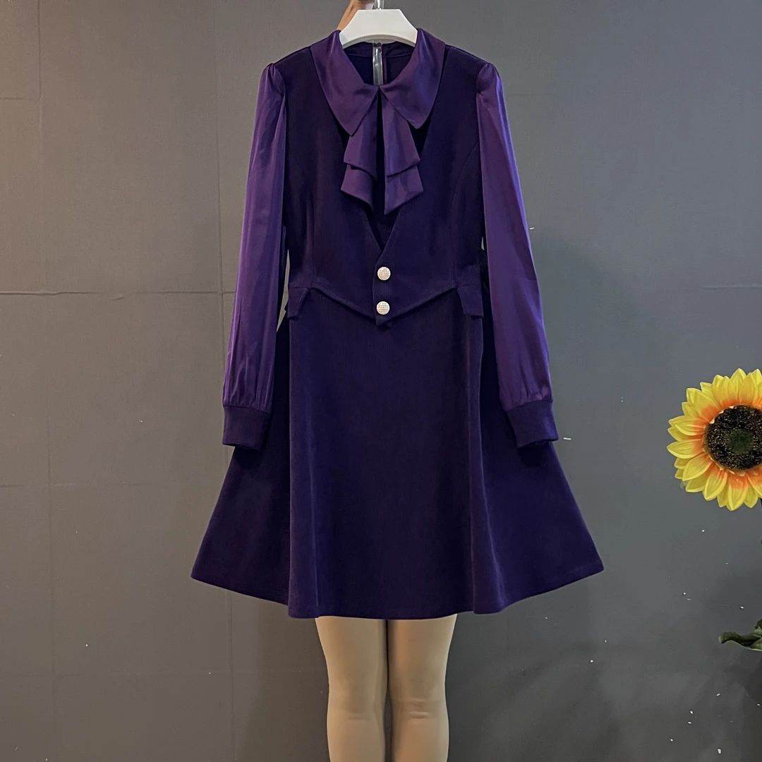 秋冬新款蝴蝶领带设计拼接假两件收腰显瘦气质连衣裙