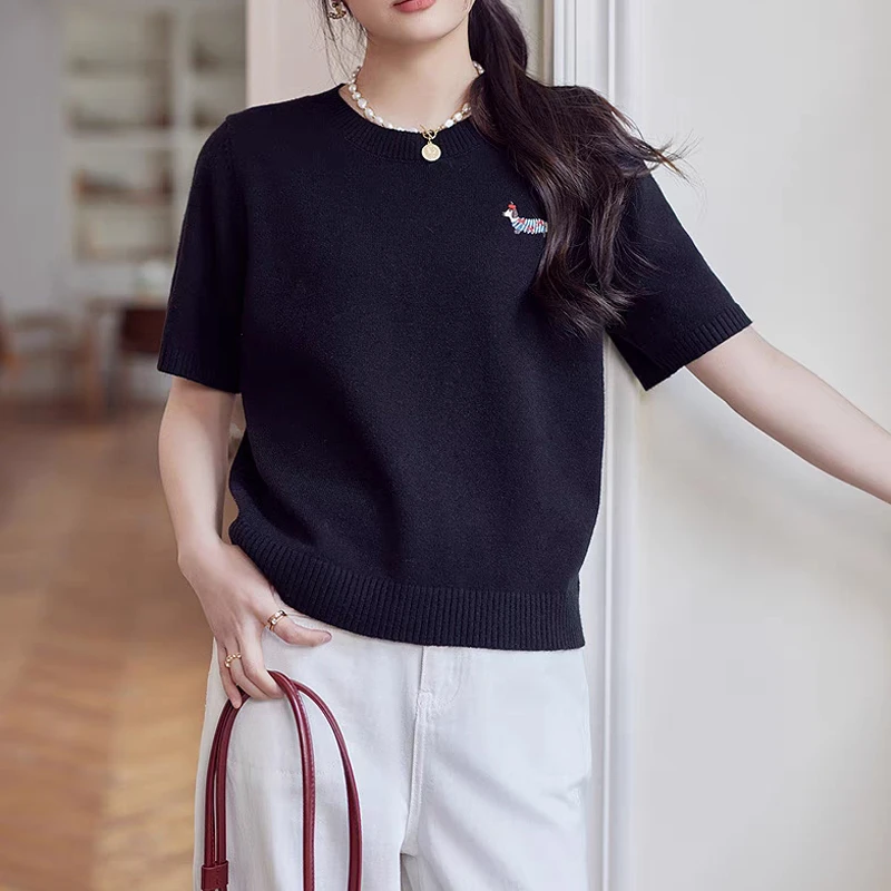 夏季胖mm美式甜心小狗刺绣冰丝针织短袖女大码慵懒感圆领T恤上衣