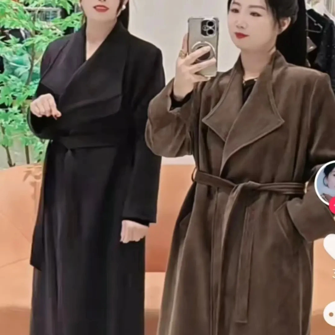 原创立领连肩袖长款鹿皮绒大衣呢大衣秋冬百搭外套